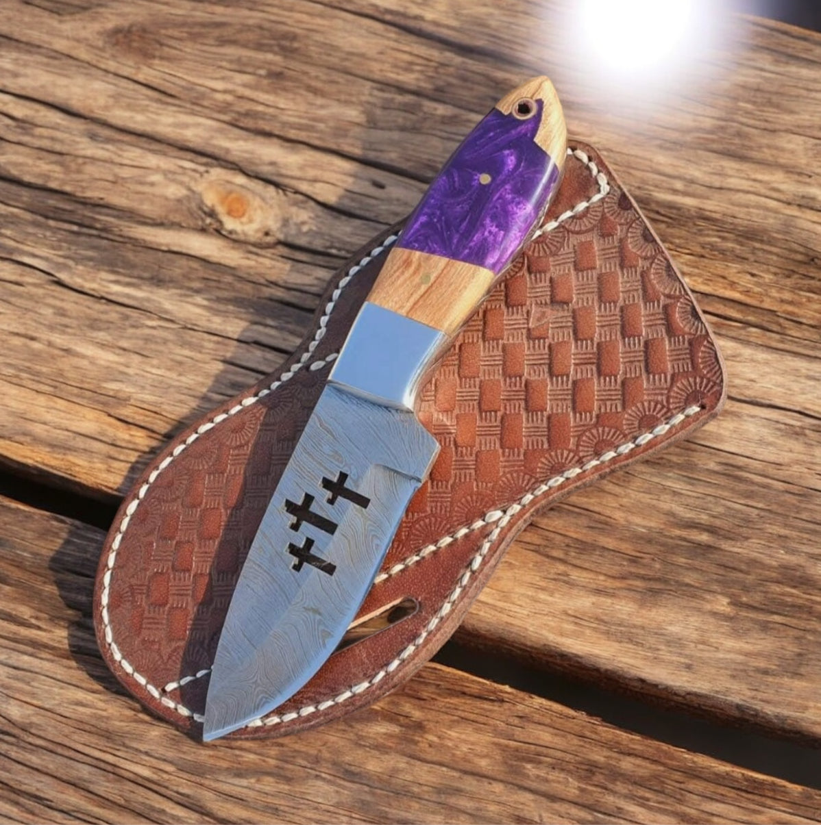 Custom Handmade Damascus Skinner Knife with Olive Wood Handle – Premium Hunting &amp; Outdoor Knife
