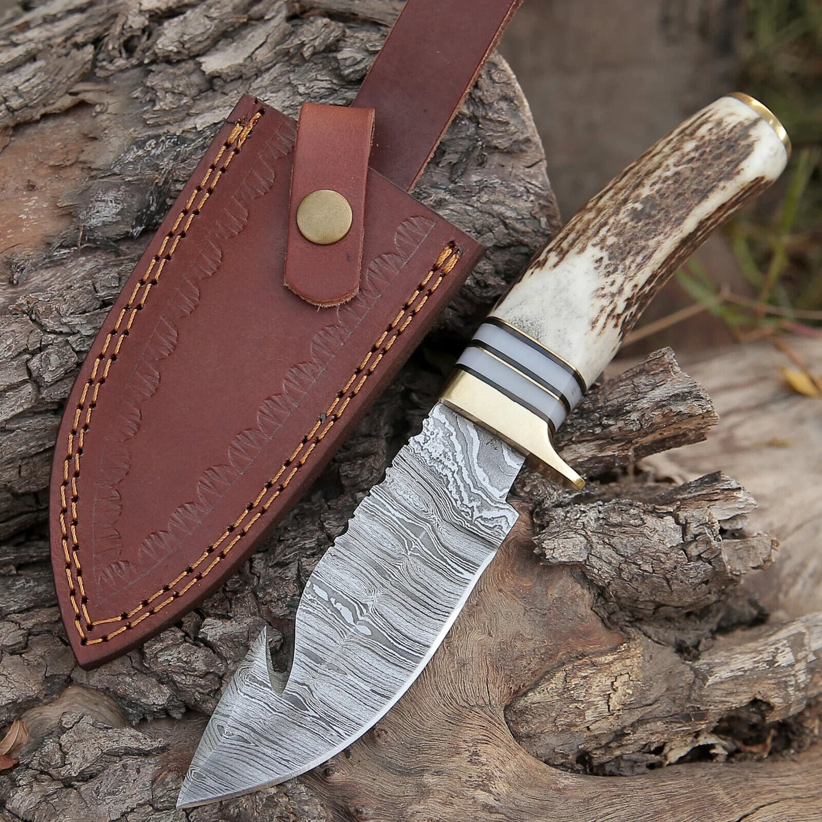 Custom Handmade Damascus Steel Guthook Skinning Knife – 9" Stag Horn Handle with Brass Guard &amp; Leather Sheath