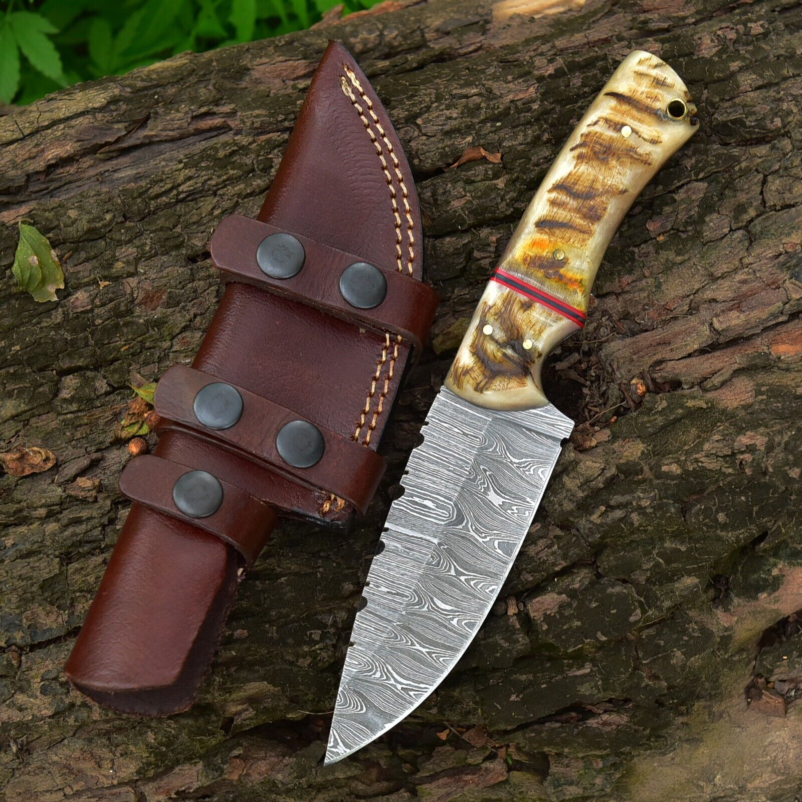 Custom Handmade Damascus Steel Skinner Knife with Sheep Horn Handle – 4.5" Blade