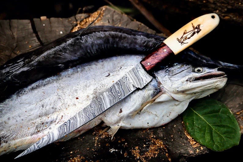 Custom Handmade Filleting Knife for Fish – 13" Damascus Steel Blade with Camel Bone &amp; Rosewood Handle