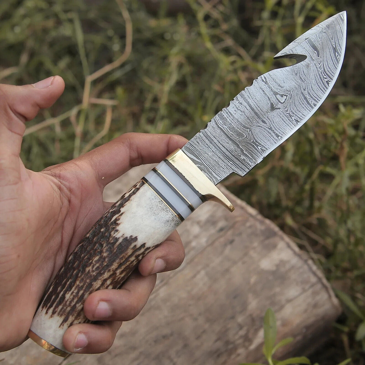 Custom Handmade Damascus Steel Guthook Skinning Knife – 9" Stag Horn Handle with Brass Guard &amp; Leather Sheath