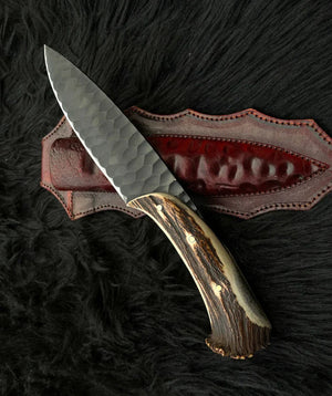 Custom Forged 1095 High Carbon Steel Hunting Knife – 12” Antler Horn Handle with Leather Sheath