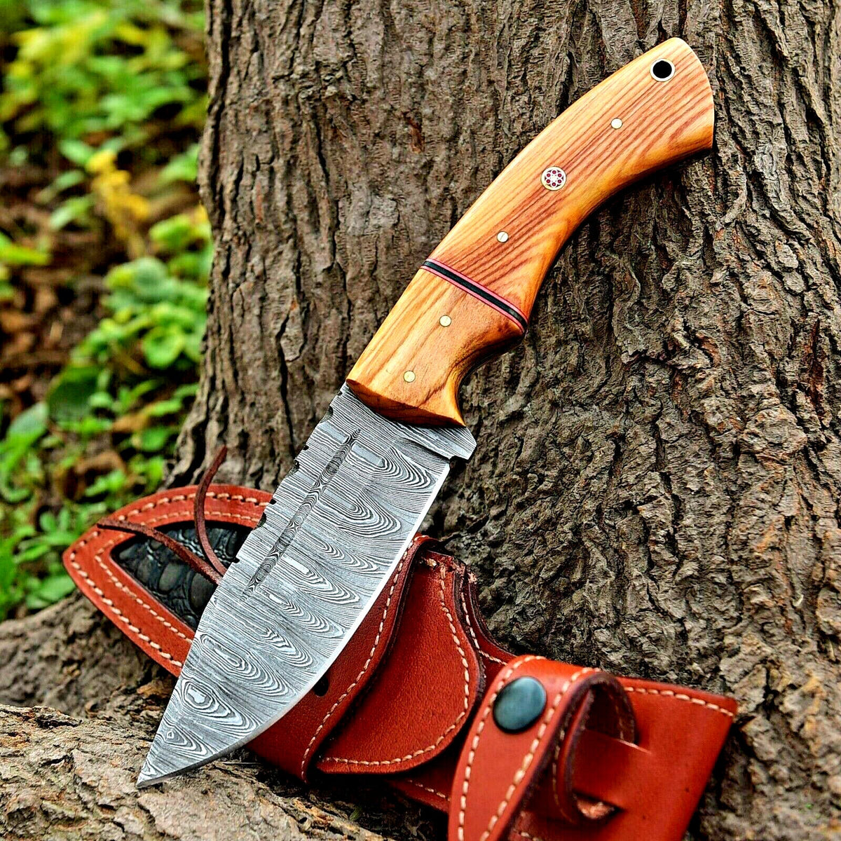 Custom Handmade 10" Damascus Steel Hunting Knife with Olive Wood Handle &amp; Leather Sheath