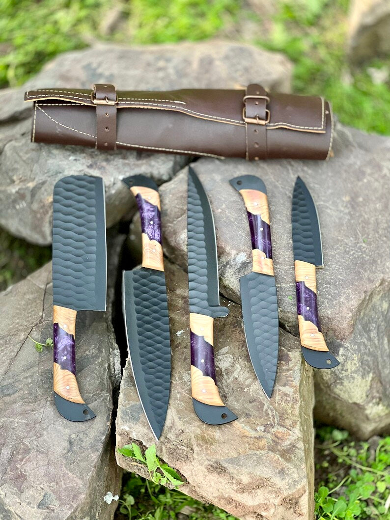Best Knife Block Set – 13" Forged Stainless Steel Chef Knife with Olivewood &amp; Epoxy Resin Handle + Leather Sheath