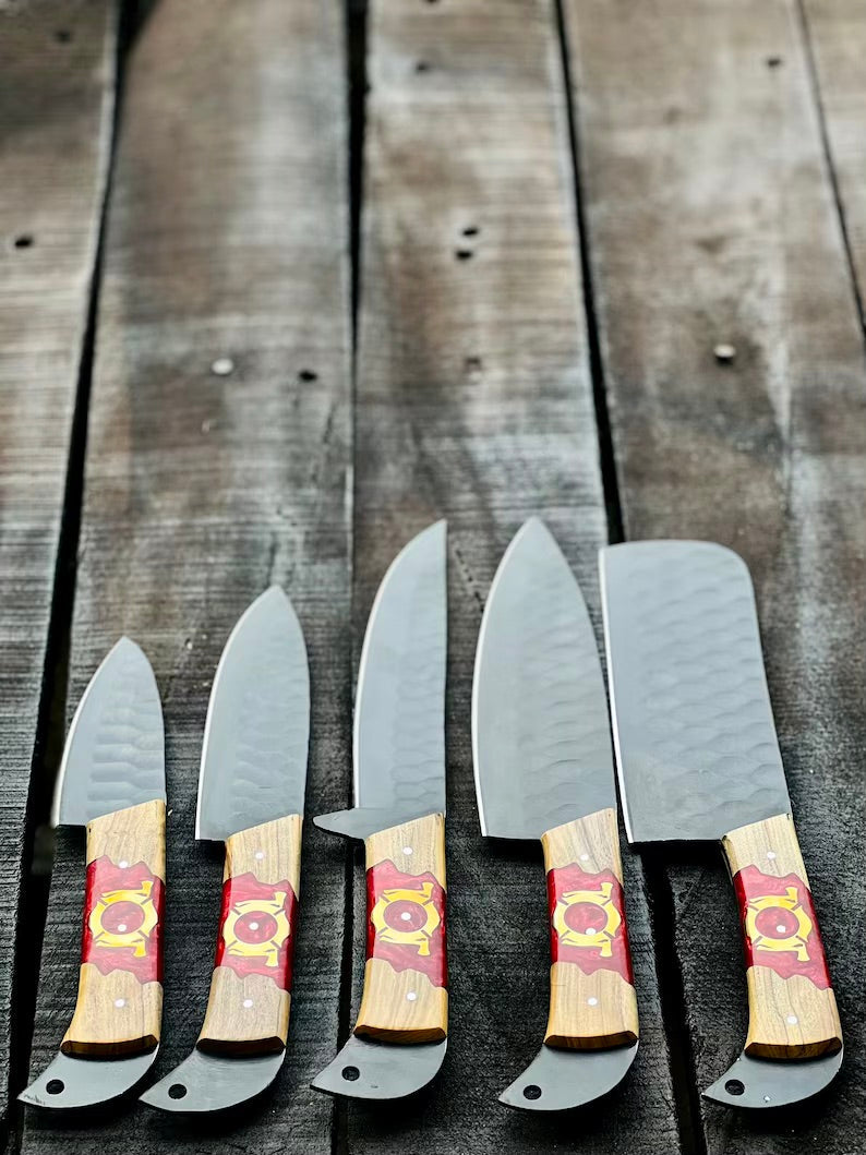 Stainless Steel Knife Set 13" – Forged Blades with Olivewood &amp; Epoxy Handles + Leather Sheath