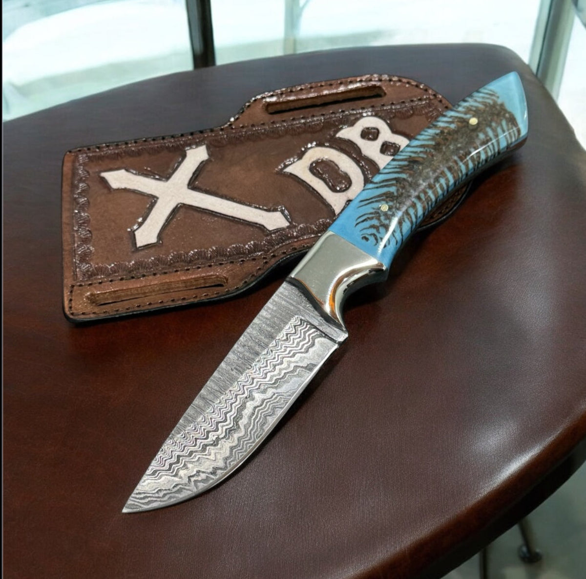 Premium Damascus Cowboy Knife – 10" Rasp Tool Steel Blade with Resin Pine Cone Handle &amp; Western Leather Pancake Sheath