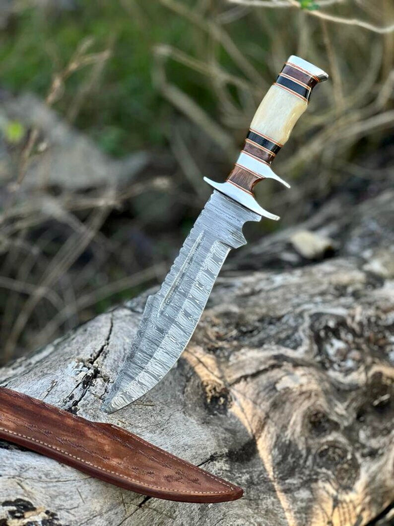 Damascus Steel Sub-Hilt Fighter Bowie Knife 14” – Premium Christmas Gift with Leather Sheath