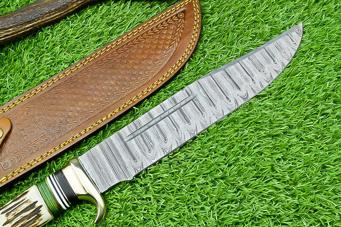 Deluxe Dundee Knife – 16" Handmade Damascus Steel Blade with Brass Guard &amp; Pakkawood or Stag Horn Handle + Leather Sheath