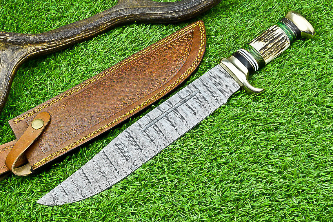 Deluxe Dundee Knife – 16" Handmade Damascus Steel Blade with Brass Guard &amp; Pakkawood or Stag Horn Handle + Leather Sheath