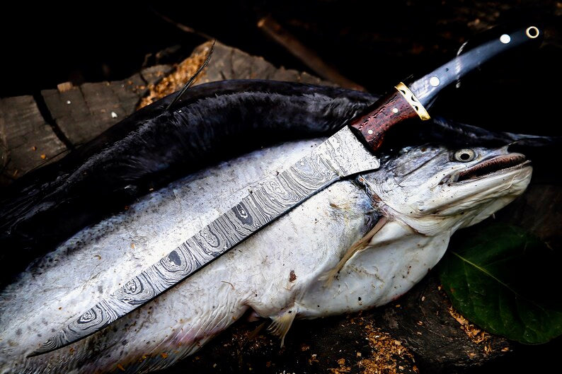 Handmade Damascus Fillet Knife 13” – Buffalo Horn, Rosewood &amp; Brass Handle with Leather Sheath