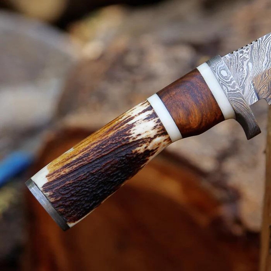 Damascus Steel Hunting Knife – 10" with Damascus Steel Guard &amp; Stag Horn Handle, Includes Leather Sheath