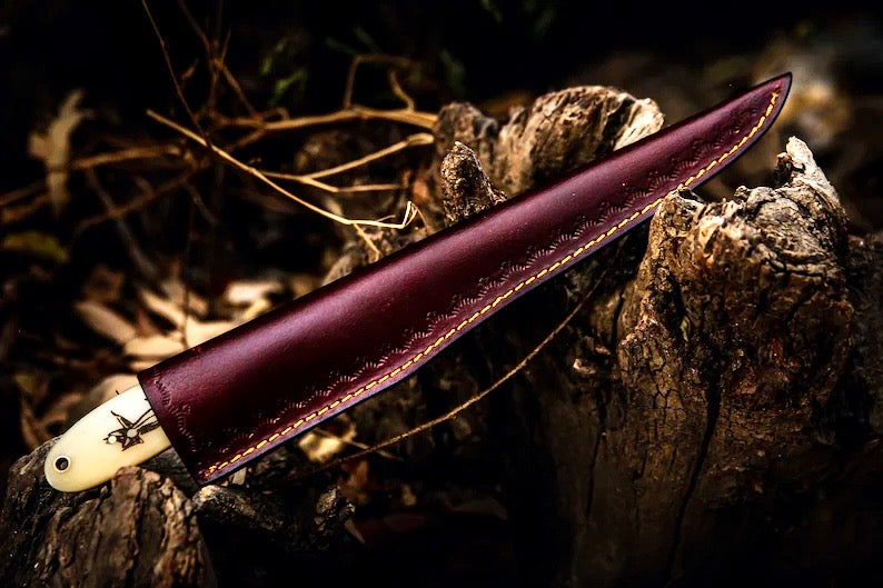 Custom Handmade Filleting Knife for Fish – 13" Damascus Steel Blade with Camel Bone &amp; Rosewood Handle