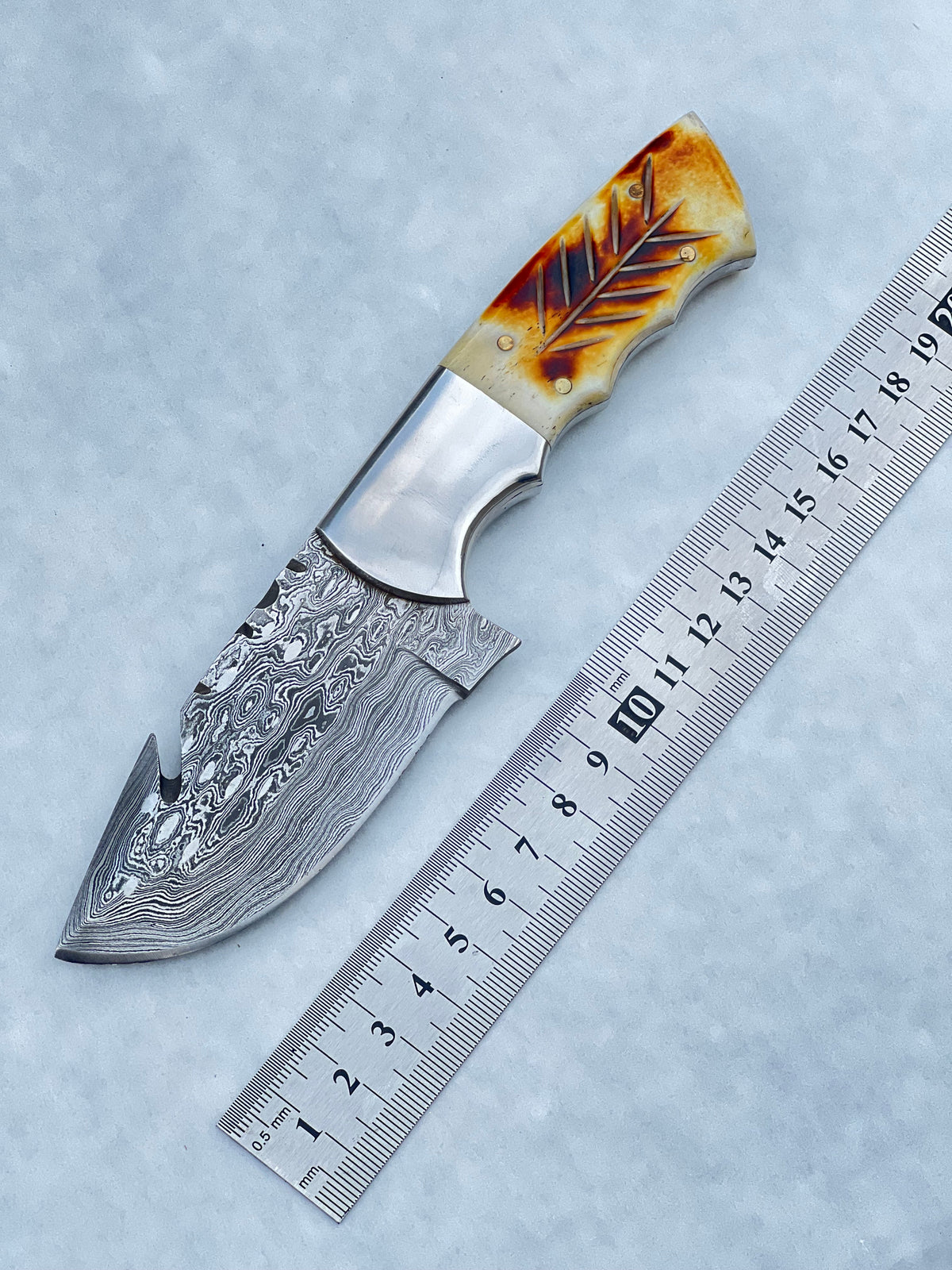 Damascus Steel Fixed Blade Knife with Camel Bone &amp; Rosewood Handle - 7.5" Custom Pocket Knife with Leather Sheath