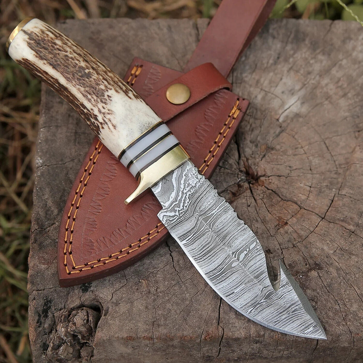 Custom Handmade Damascus Steel Guthook Skinning Knife – 9" Stag Horn Handle with Brass Guard &amp; Leather Sheath