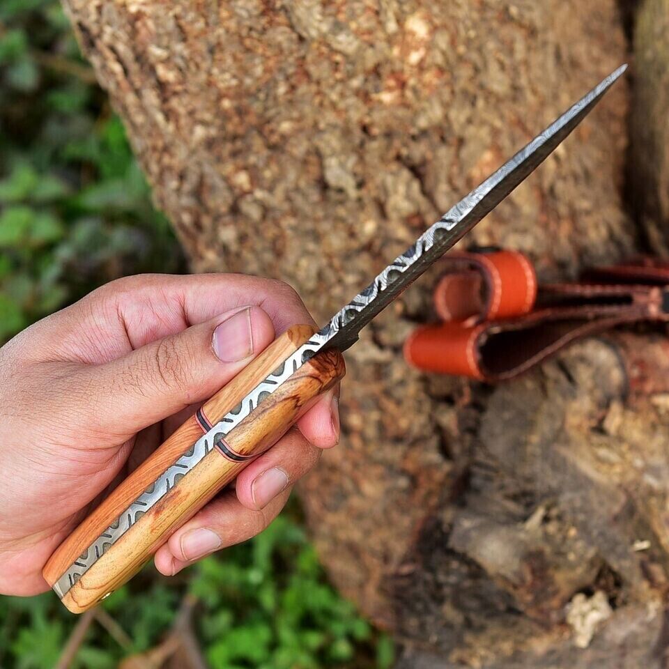 Custom Handmade 10" Damascus Steel Hunting Knife with Olive Wood Handle &amp; Leather Sheath
