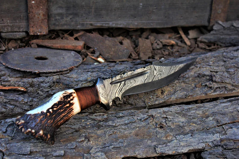 Custom Handmade 13" Damascus Bowie Knife – Stag Crown &amp; Rosewood Handle with Leather Sheath
