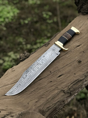 Authentic Crocodile Dundee Knife – 16” Handmade Damascus Steel Blade with Buffalo Horn or Leather Handle & Brass Guard + Leather Sheath