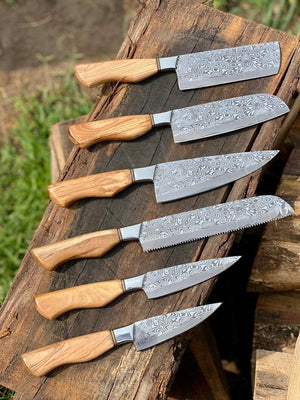 Sharp Kitchen Knife Set – 13" Damascus Steel Blade, Olivewood Handle & Leather Sheath
