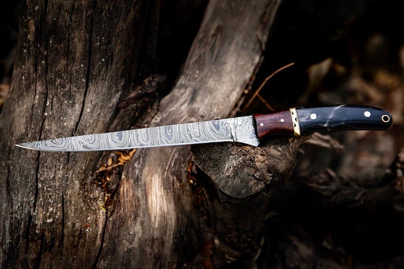Handmade Damascus Fillet Knife 13” – Buffalo Horn, Rosewood &amp; Brass Handle with Leather Sheath