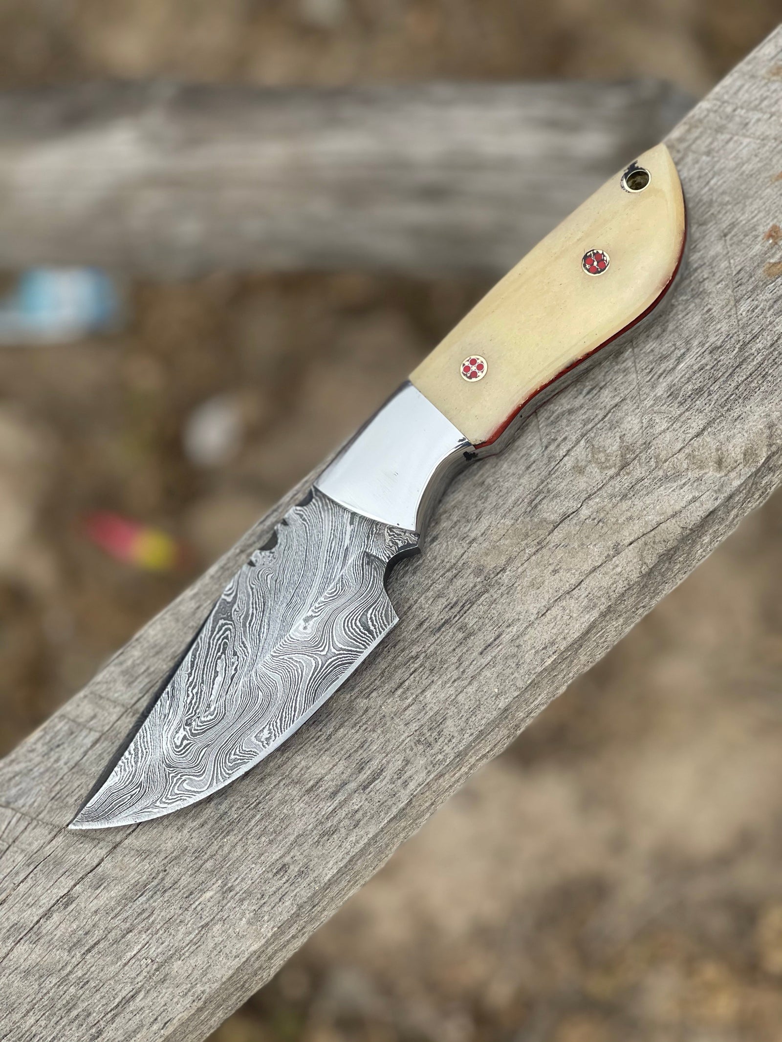 Handmade 9" Damascus Steel Skinning Knife – Camel Bone Handle with Steel Bolster & Leather Sheath
