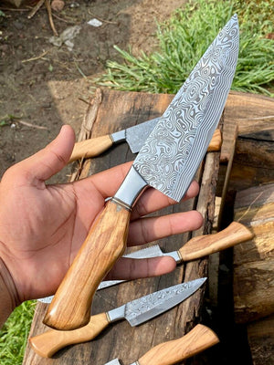 Sharp Kitchen Knife Set – 13" Damascus Steel Blade, Olivewood Handle & Leather Sheath