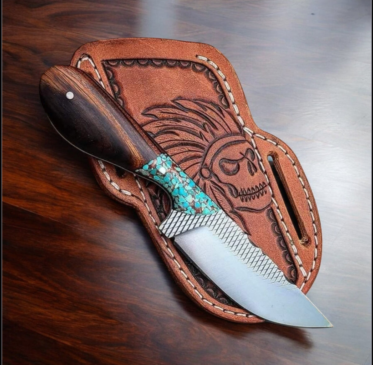 Handcrafted Belt Knives – 8" Rasp Steel Blade with Turquoise &amp; Rosewood Handle