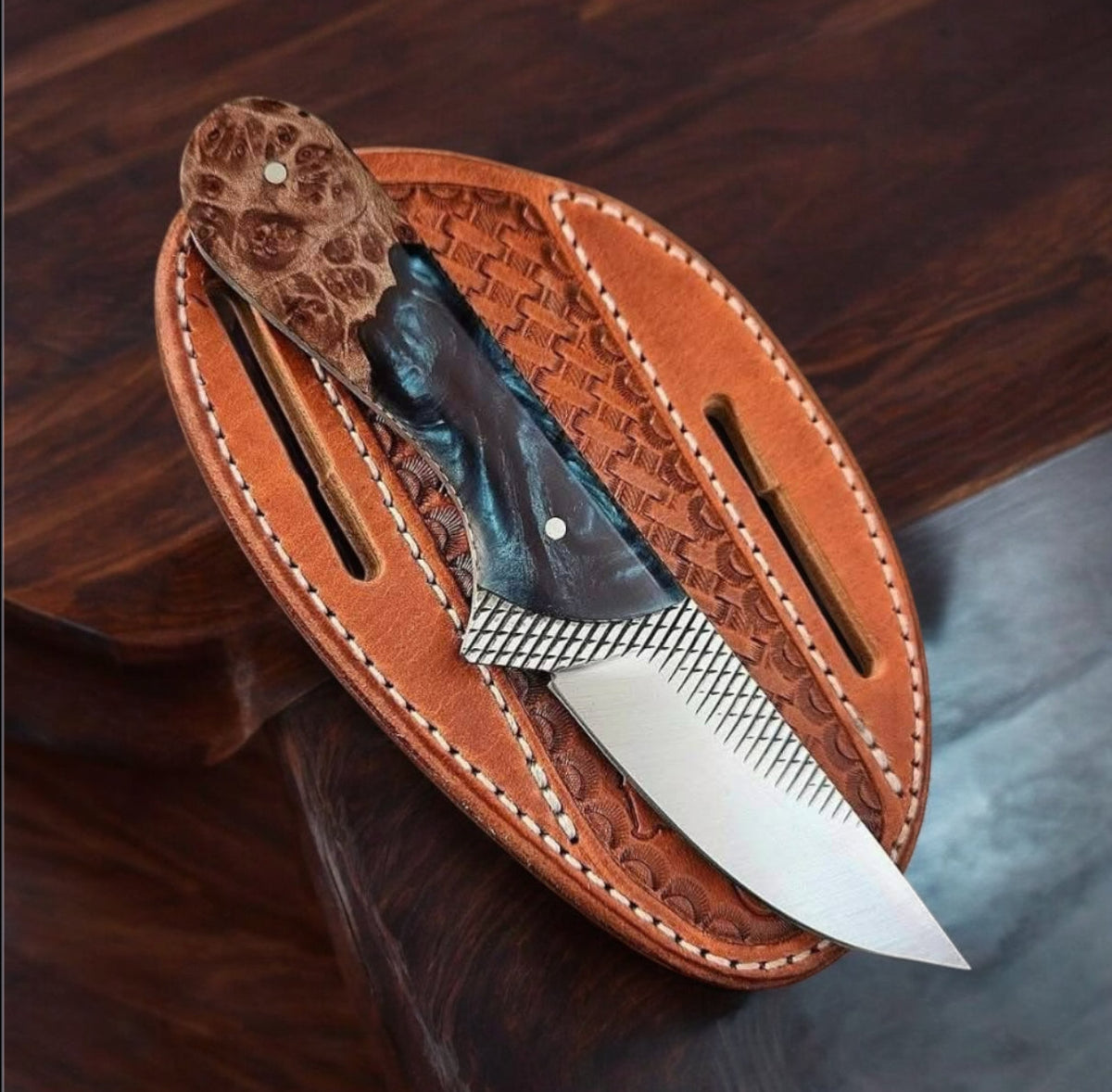 Handcrafted Cowboy Fixed Blade Knife – 9" Rasp Steel Outdoor Knife with Resin &amp; Wood Handle + Leather Sheath
