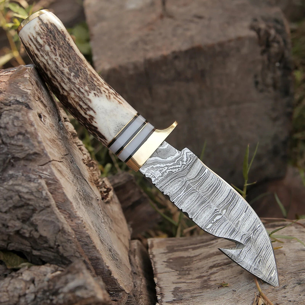 Custom Handmade Damascus Steel Guthook Skinning Knife – 9" Stag Horn Handle with Brass Guard &amp; Leather Sheath