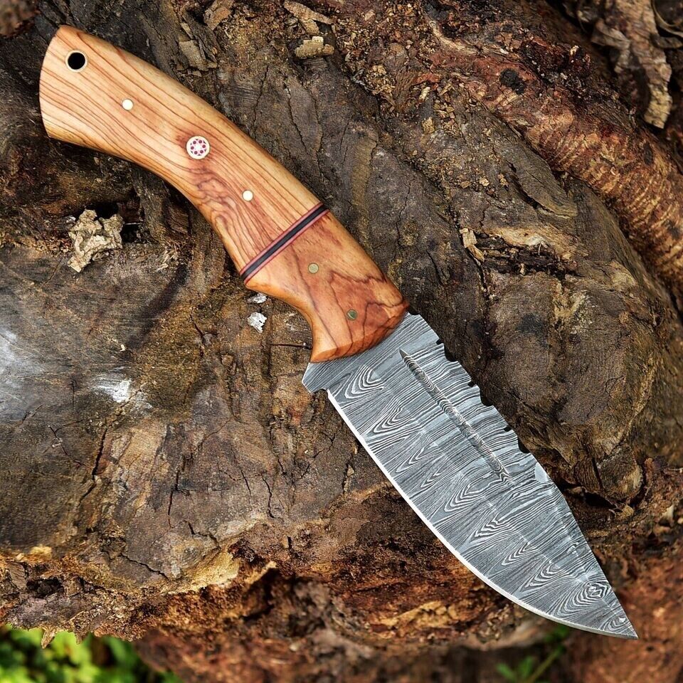 Custom Handmade 10" Damascus Steel Hunting Knife with Olive Wood Handle &amp; Leather Sheath