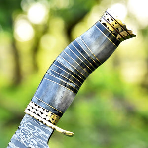 Vintage Damascus Steel Bowie Knife for Sale - 13" with Brass Guard and Camel Bone Handle