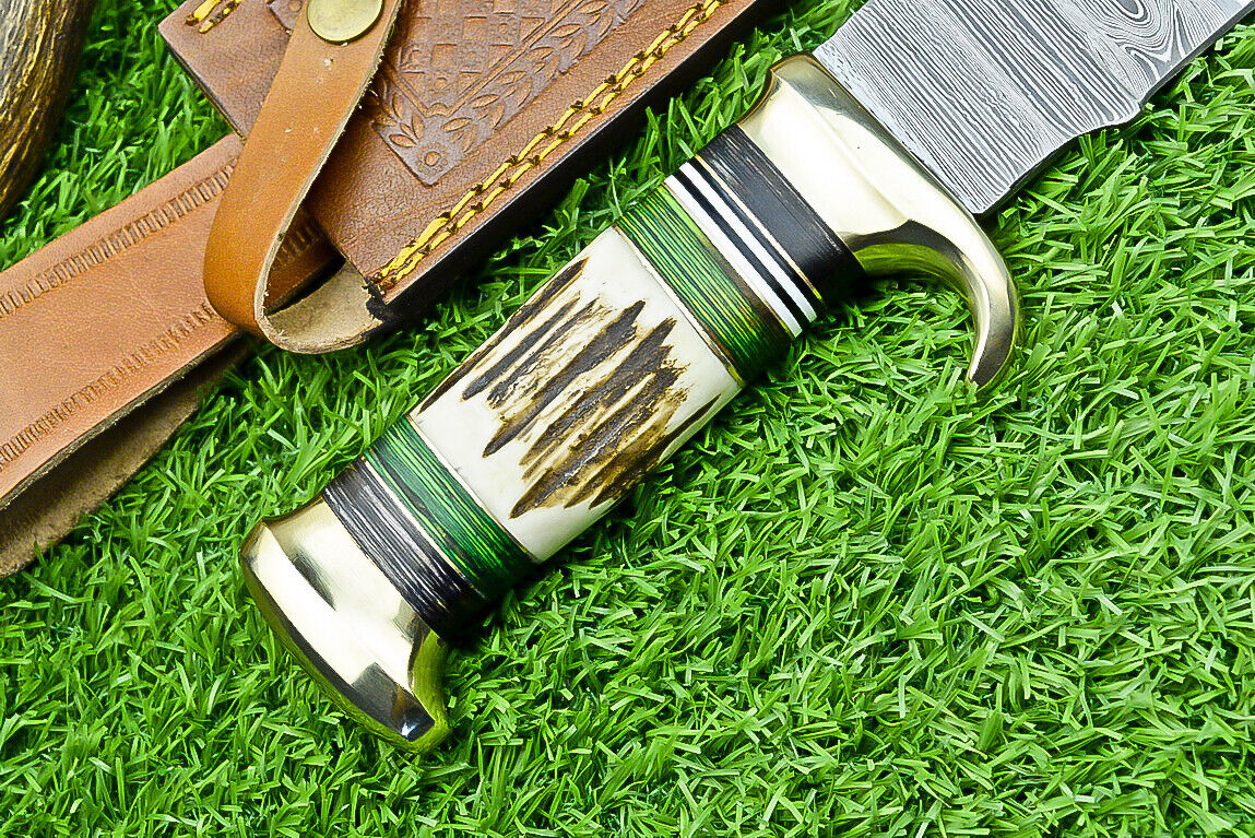 Deluxe Dundee Knife – 16" Handmade Damascus Steel Blade with Brass Guard &amp; Pakkawood or Stag Horn Handle + Leather Sheath