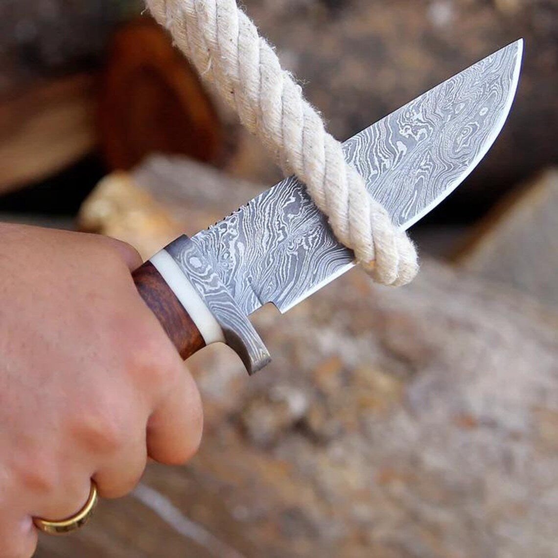 Damascus Steel Hunting Knife – 10" with Damascus Steel Guard &amp; Stag Horn Handle, Includes Leather Sheath