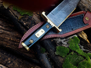 13-Inch Damascus Steel Cowboy Bowie Knife with Buffalo Horn Handle & Leather Sheath – Perfect Gift for Knife Enthusiasts