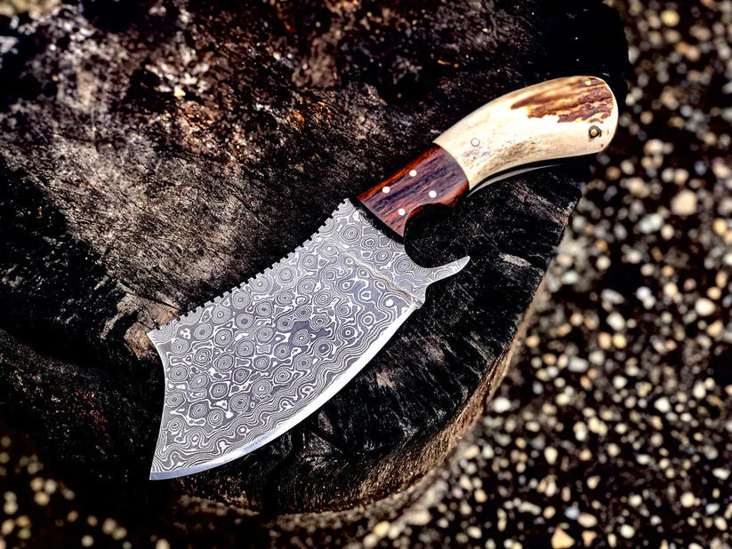 Handmade Damascus Steel Cleaver Knife with Antler Horn Handle &amp; Rosewood Bolster - Includes Leather Sheath