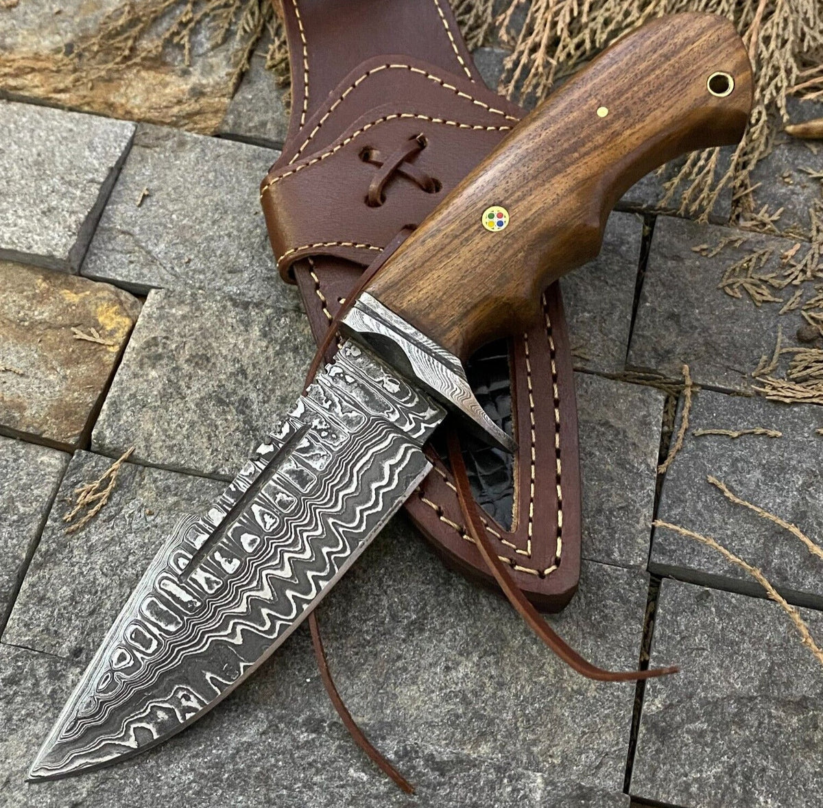 🔥 Handmade Damascus Steel Hunting Knife – Rosewood Handle &amp; Damascus Guard + Leather Sheath
