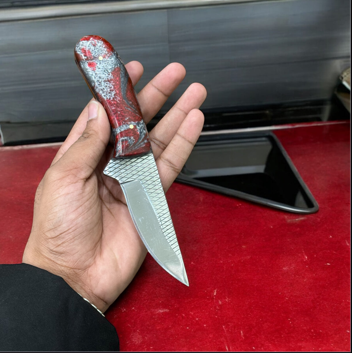 Handmade Ranch Cowboy Knife – Rasp Steel, Resin Handle & Leather Sheath