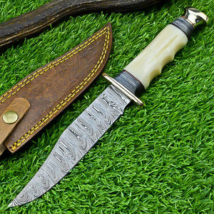 Handmade Western Boulder Colorado Knife – 11" Damascus Steel Blade with Camel Bone Handle & Leather Sheath