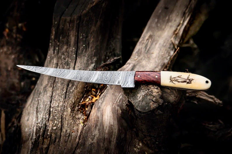 Custom Handmade Filleting Knife for Fish – 13" Damascus Steel Blade with Camel Bone &amp; Rosewood Handle
