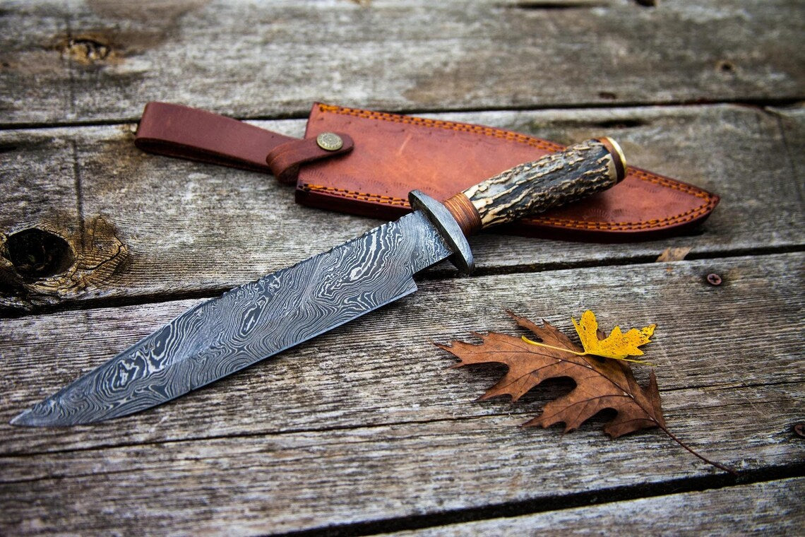 Damascus Steel 1800s Bowie Knife – 15" with Damascus Steel Guard &amp; Stag Horn Handle, Includes Leather Sheath