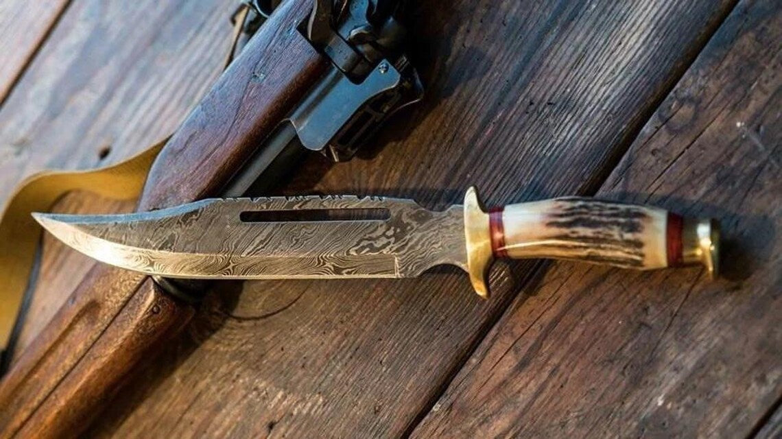 Damascus Steel Vintage Bowie Knife – 13" with Brass Guard &amp; Stag Horn Handle, Comes with Leather Sheath