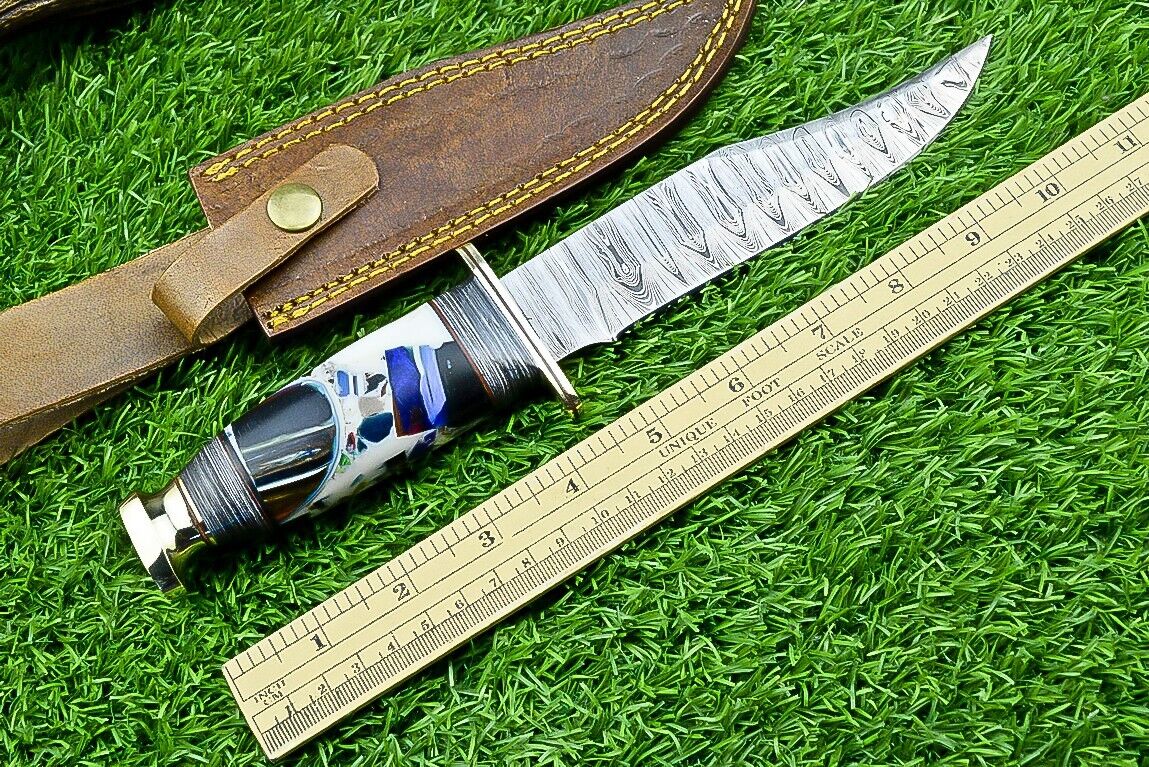 Hand-Forged Western Boulder Colorado Knife – 11" Damascus Steel Blade with Brass Guard &amp; Resin Grip
