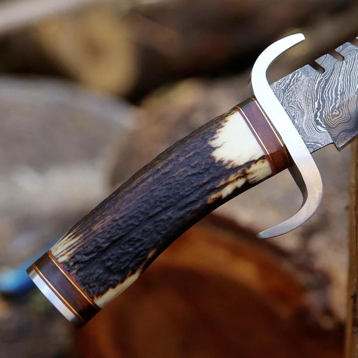 Damascus Steel Western Bowie Knife – 12" with Damascus Steel Guard &amp; Stag Horn Handle, Comes with Leather Sheath