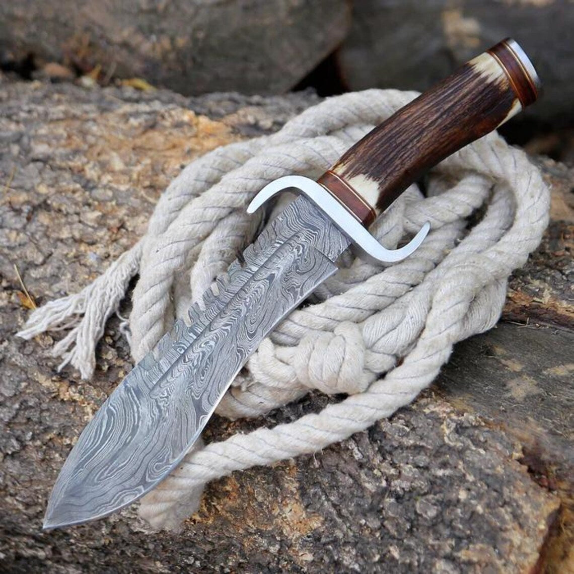 Damascus Steel Western Bowie Knife – 12" with Damascus Steel Guard &amp; Stag Horn Handle, Comes with Leather Sheath