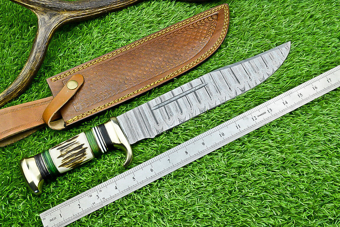 Deluxe Dundee Knife – 16" Handmade Damascus Steel Blade with Brass Guard &amp; Pakkawood or Stag Horn Handle + Leather Sheath