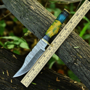 Damascus Steel Hunting Knife – 10" with Brass Guard & Resin Pakkawood Handle, Leather Sheath Included