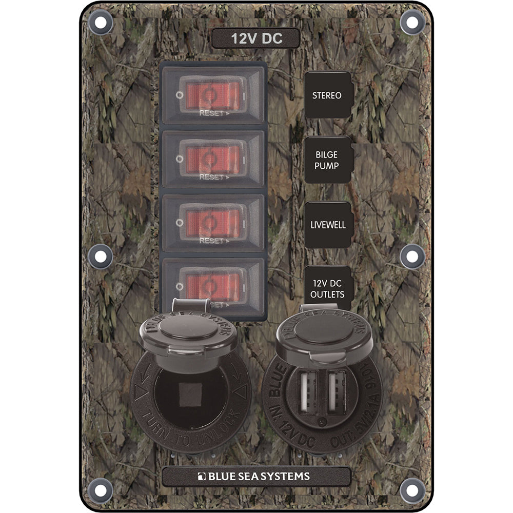 Blue Sea 4324 Circuit Breaker Switch Panel 4 Postion - Camo w/12V Socket  Dual USB OutdoorUp