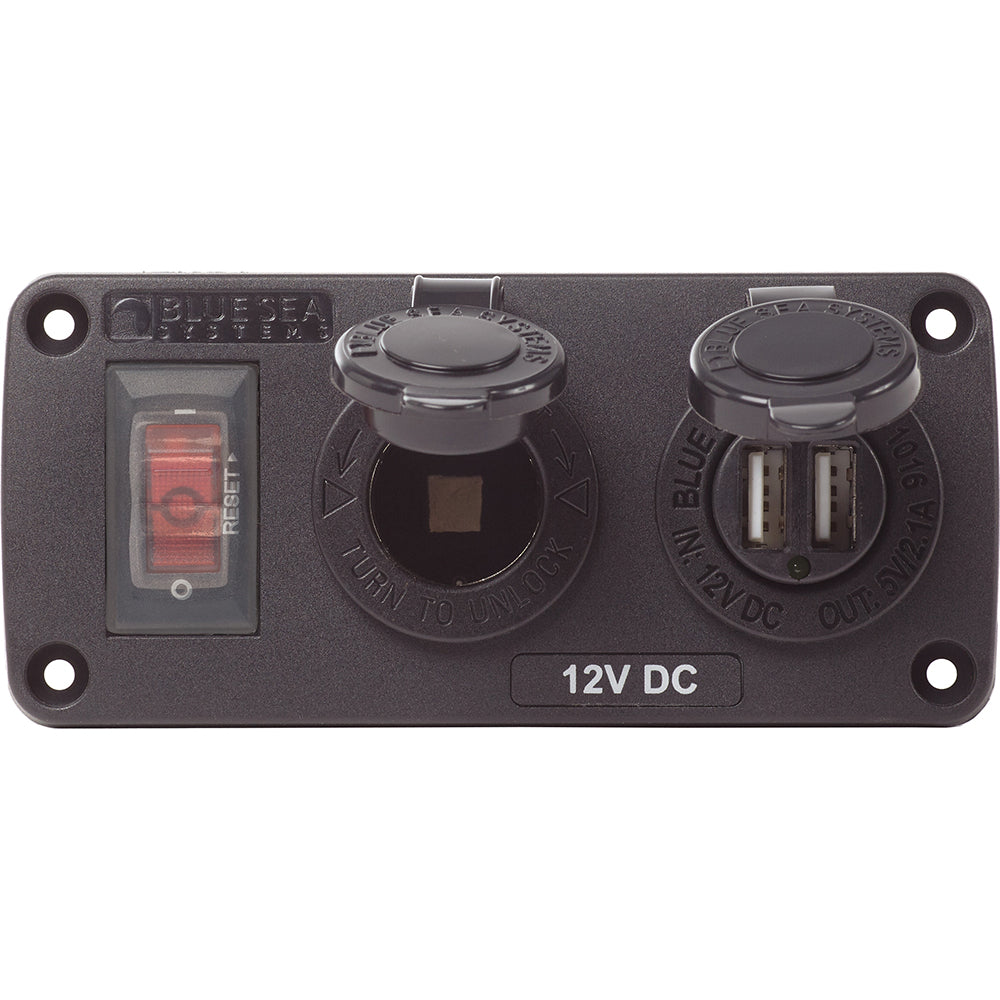 Blue Sea 4363 Water Resistant USB Accessory Panels - 15A Circuit Breaker, 12V Socket, 2.1A Dual USB Charger OutdoorUp