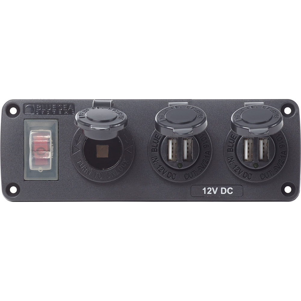Blue Sea 4365 Water Resistant USB Accessory Panel - 15A Circuit Breaker, 12V Socket, 2x 2.1A Dual USB Chargers OutdoorUp