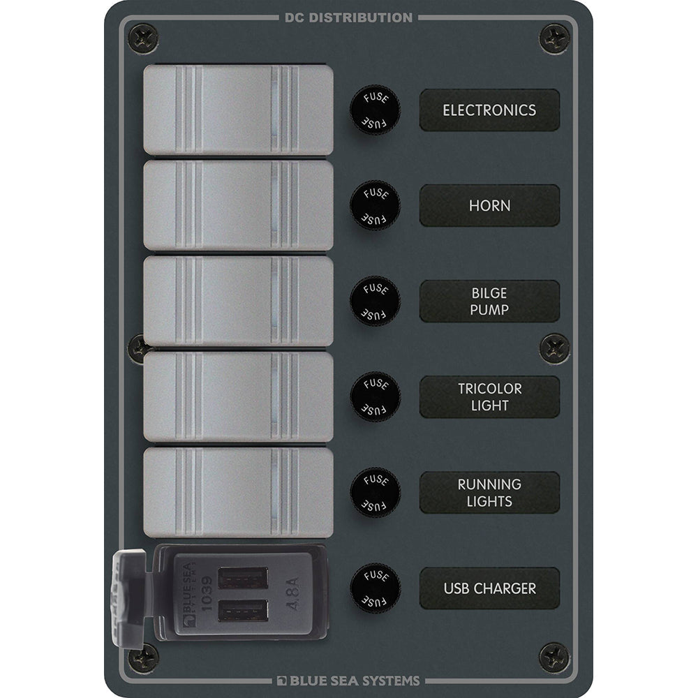 Blue Sea 8121 - 5 Position Contura Switch Panel w/Dual USB Chargers - 12/24V DC - Black OutdoorUp