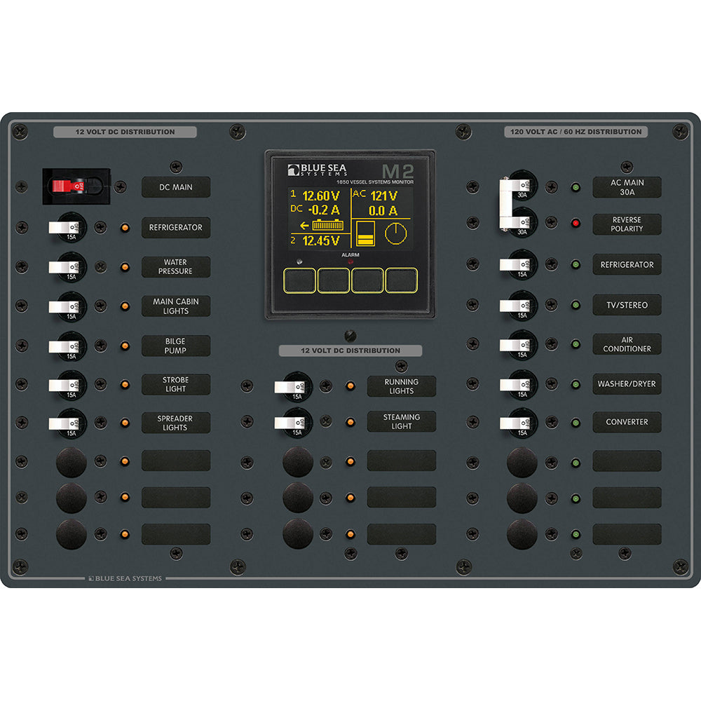 Blue Sea 8413 - Metal AC/DC Panel w/M2 Vessel Systems Monitor  22 Circuit Breakers (15A) OutdoorUp